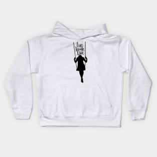 Poetic phrase: Live, laugh, love. Silhouette of a woman on a swing in black. Idyllic. Kids Hoodie